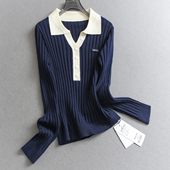 女装 撞色翻领假两件弹力修身 毛衣W054 新款 通勤长袖 针织衫 2026春季