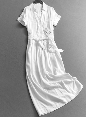 清凉舒适透气翻领系带收腰2025秋季新款通勤休闲短袖女连衣裙V131