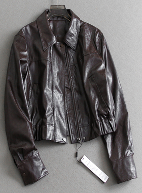 复古纯色收腰显瘦翻领夹克外套2026春季新款长袖百搭女装皮衣W051