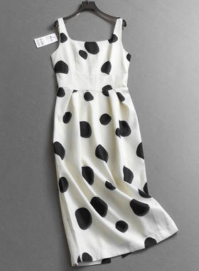 撞色波点显瘦修身收腰方领无袖包臀裙气质优雅女裙中长连衣裙X088