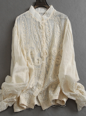 白色重工刺绣宽松显瘦立领2025春季新款喇叭袖减龄小衫女衬衫K635