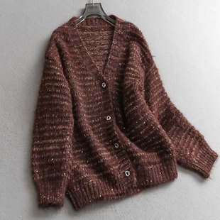 女毛衣V534 长袖 亮片厚实氛围感宽松慵懒V领针织外套2025秋季 新款