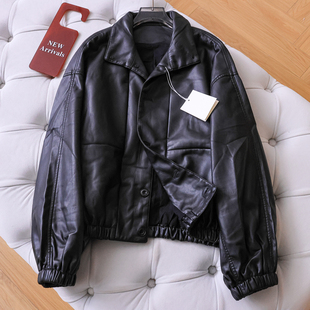 女装 复古纯色软糯宽松版 长袖 新款 皮衣W528 型翻领夹克外套2026春季