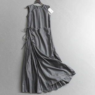 不显肚子纯色圆领修身 背心裙气质女连衣裙W579 侧边系带百褶裙无袖