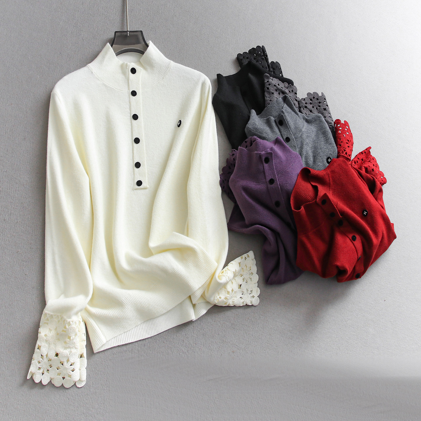 勾花拼接袖口纽扣立领纯色套头内搭打底针织衫长袖保暖毛衣女Q696,女装/女士精品,毛针织衫,淘宝优惠券,粉丝福利购,淘宝优惠卷
