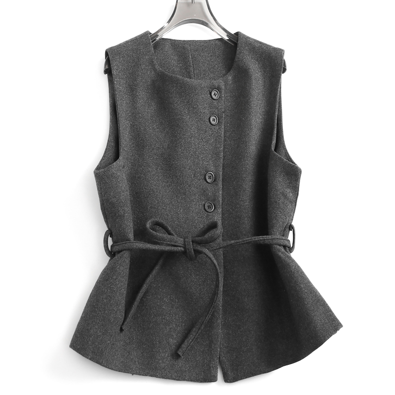 灰色老钱风系带显瘦圆领外穿马夹