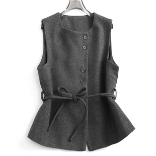 灰色老钱风系带显瘦圆领外穿背心2025春季 坎肩外套女马夹J534 新款