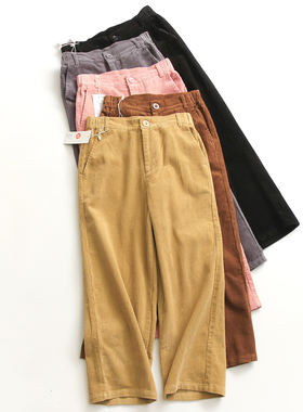 H029纯色高腰口袋宽腿裤显腿长秋冬新款百搭灯芯绒休闲裤女直筒裤