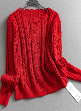 红色马年本命年软糯亲肤圆领绞花针织开衫外套长袖女装毛衣W021