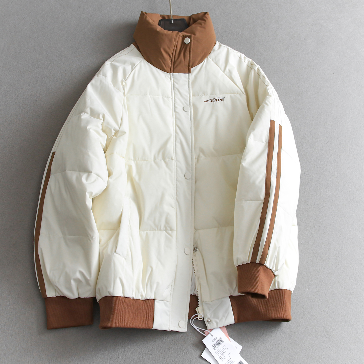 撞色立领袖子条纹宽松棉衣棉服女