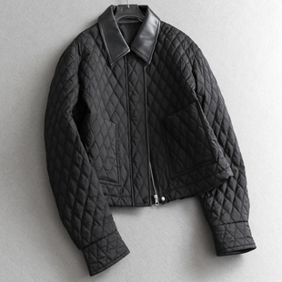 女装 长袖 棉衣棉服Q394 新款 黑色菱格绗缝拼皮翻领轻薄外套2025冬季