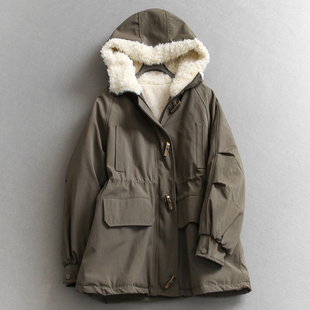 纯色牛角扣抽绳收腰加绒内胆加厚保暖派克服中长款 女连帽外套Q568