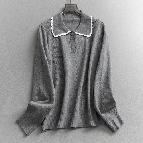 撞色拼接花边娃娃领套头长袖毛衣