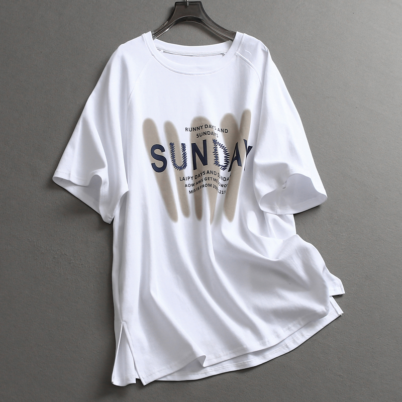 字母图案宽松廓形大板圆领插肩袖中长款减龄百搭半袖女装T恤Z162