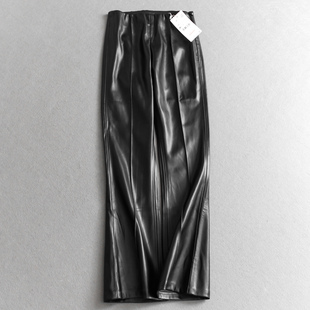 皮裤 纯色松紧腰薄绒微喇裤 休闲裤 保暖女裤 Q162 皮革效果宽松裁制裤