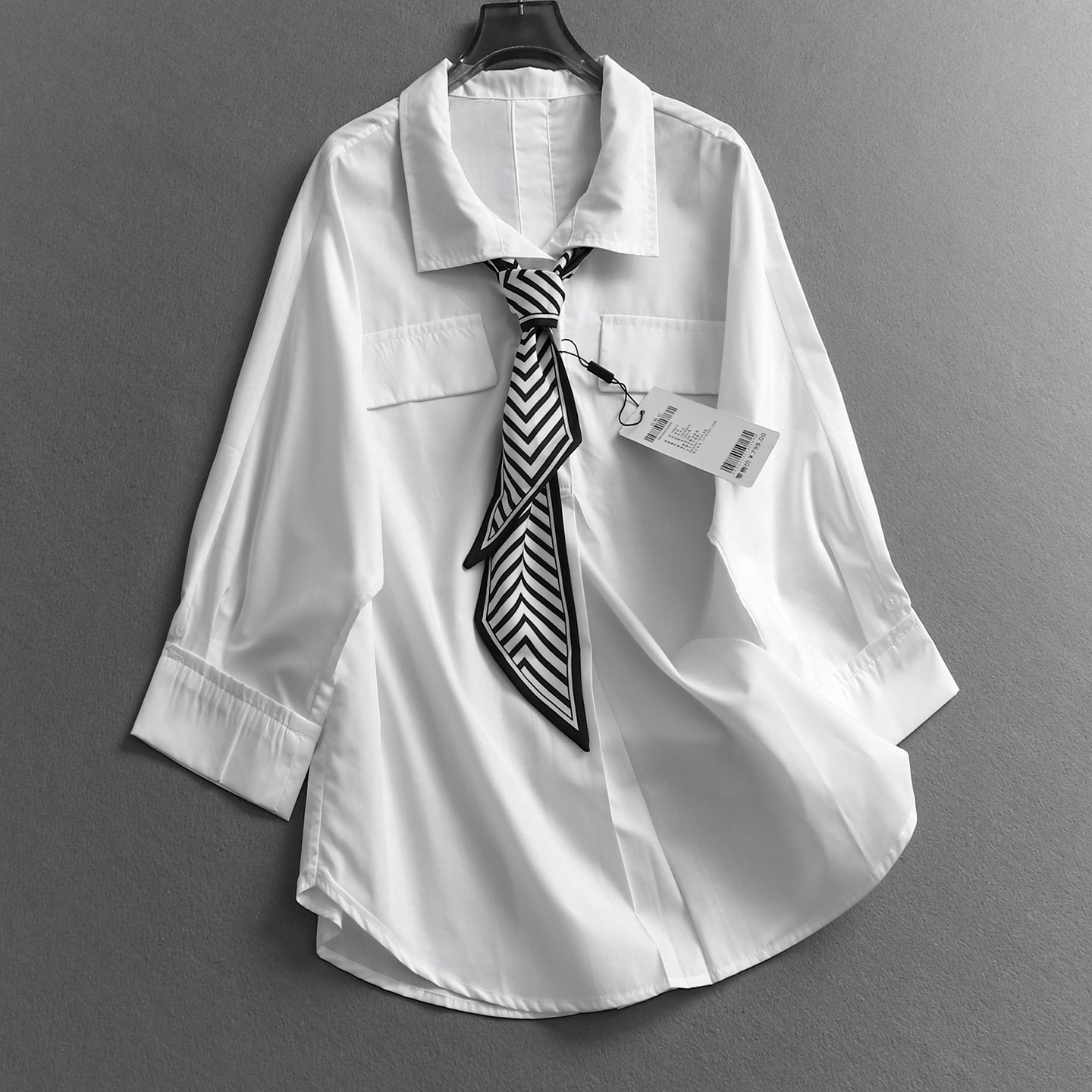 丝巾飘带纯色宽松翻领防晒七分袖空调服通勤百搭休闲女装衬衫R012