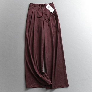 W775 女休闲裤 复古仿麂皮绒纯色高腰抽绳廓形慵懒直筒裤 通勤阔腿裤