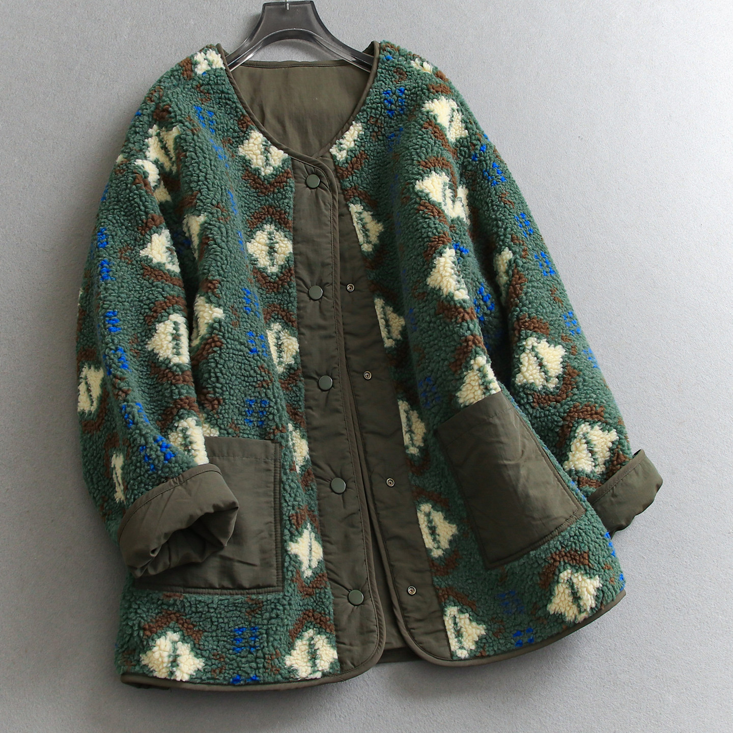 两面穿印花仿羊羔绒中长款外套女