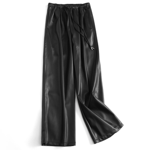 遮跨高腰直筒裤 长裤 女裤 皮裤 H590 休闲裤 黑色抽绳松紧腰宽松阔腿裤