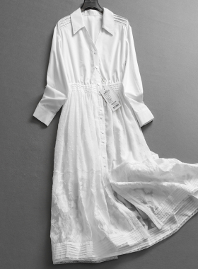 立体重工提花风琴褶收腰显瘦翻领衬衫裙长袖气质通勤女连衣裙Z343