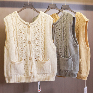 马夹W210 女装 法式 镂空纯色对称口袋圆领叠穿针织毛衣背心外穿无袖