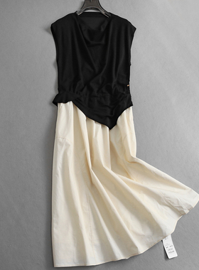 撞色假两件堆堆领无袖背心裙优雅通勤2025春季新款长裙连衣裙K669