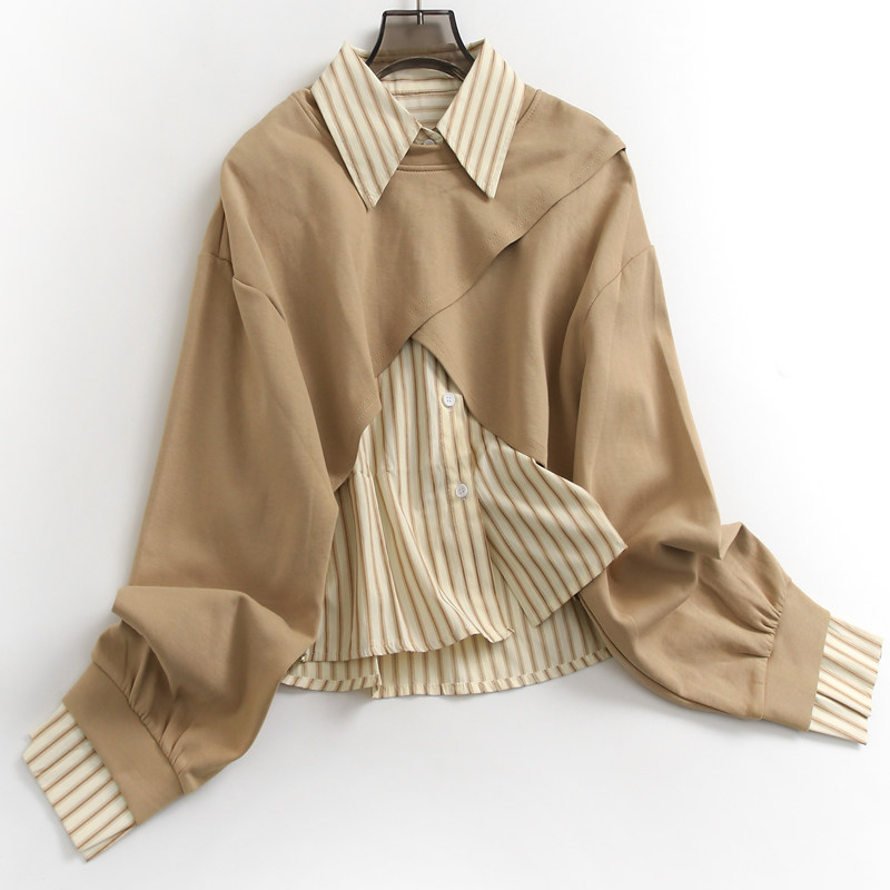 杏色交叉叠穿两件套衬衫领秋季新款减龄韩系风长袖女短款卫衣F192