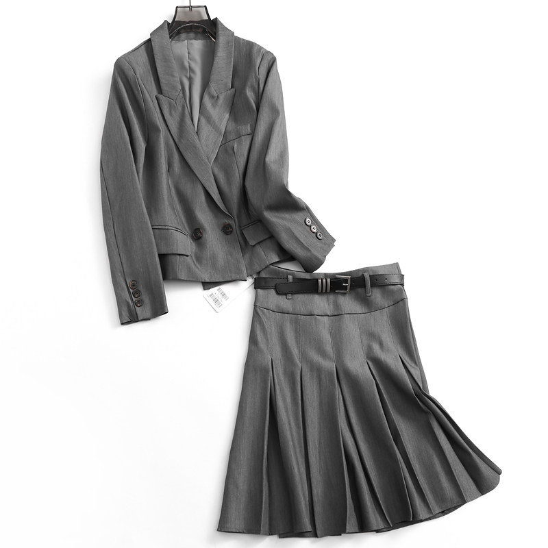 灰色宽松显瘦西装领长袖短外套女西装高腰百褶裙女半身裙套装n582