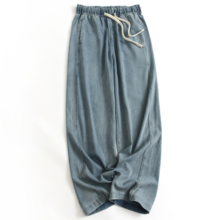 牛仔裤 女裤 K351 百搭阔腿裤 蓝色磨白抽绳松紧腰垂感亲肤宽松直筒裤