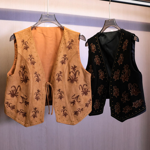 刺绣V领仿麂皮绒系带短款女马夹