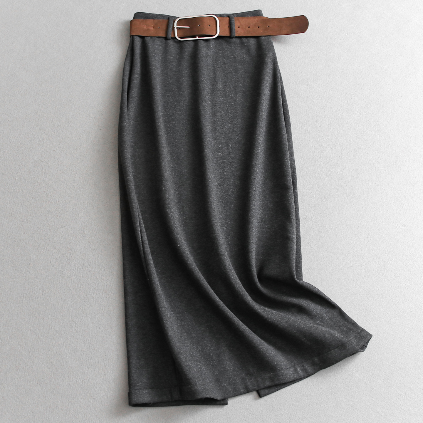 配腰带纯色松紧腰加绒直筒半身裙