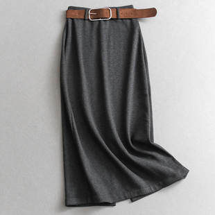 「配腰带」纯色松紧腰加绒加厚开叉直筒裙气质长裙女裙半身裙Q176