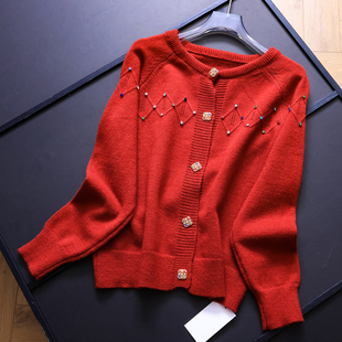 长袖 新款 女毛衣B219 2025秋季 复古酒红色彩钻钉珠宽松圆领针织开衫