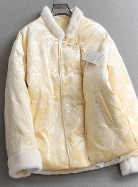 新中式国风毛毛亮片刺绣丝绒宽松加厚保暖外套长袖女羽绒服M967