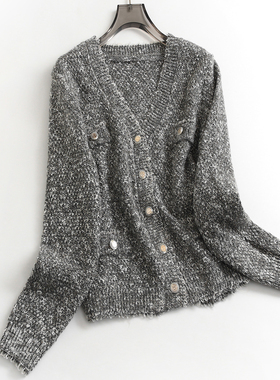 混色显瘦毛边V领小香风纽扣外套针织开衫秋冬新款长袖毛衣女F236