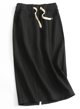 黑色抽绳松紧腰显瘦包臀裙立体感百搭中长裙2024秋季女半身裙F914