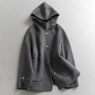 毛呢外套Q751 立领连帽女装 纯色宽松廓形口袋双面呢中长款 大衣长袖