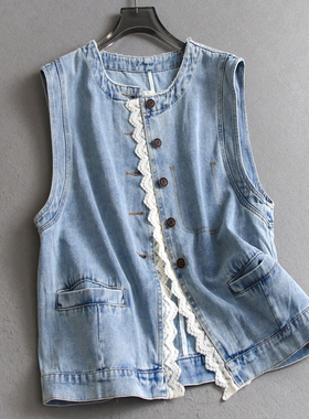 蕾丝花边宽松显瘦圆领外搭无袖坎肩外套搭配连衣裙女牛仔马夹C389