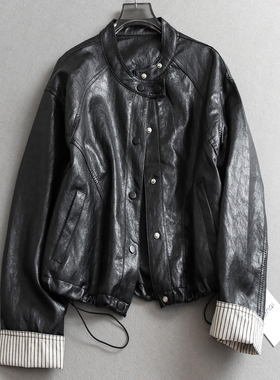 撞色条纹翻边宽松显瘦酷飒机车服圆领长袖夹克外套女装皮衣N061