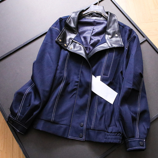 通勤女装 法式 长袖 新款 外套B496 廓形撞色宽松拼皮立领夹克2025秋季