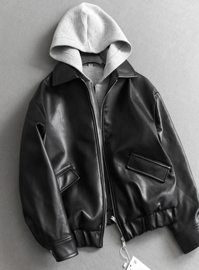 撞色潮酷拼接假两件连帽防风保暖夹克外套长袖机车服女装皮衣M575