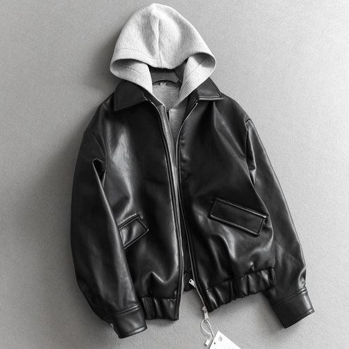 撞色潮酷拼接假两件连帽防风皮衣