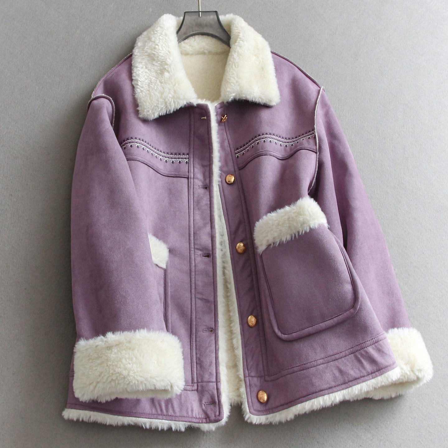 刺绣皮毛一体翻领加绒加厚女外套