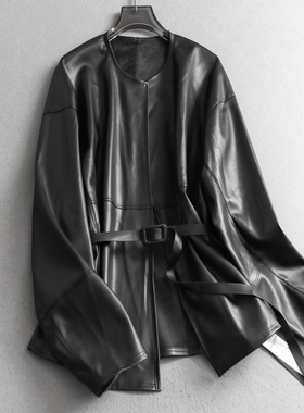 纯色腰带显瘦圆领气质通勤短款外套2025秋季新款长袖PU皮衣女V750
