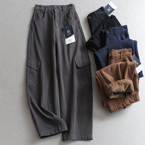 纯色半松紧腰加绒加厚宽松弯刀裤