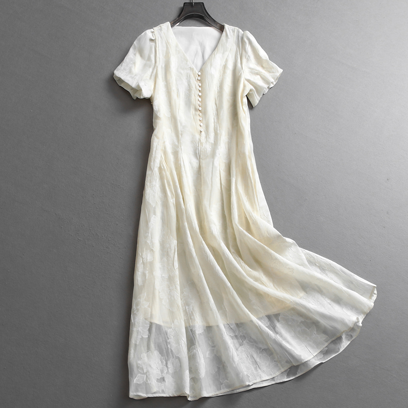 花朵提花显瘦修身V领短袖连衣裙