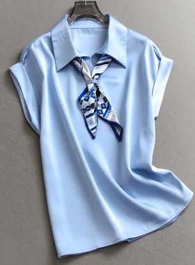 蓝色缎面顺滑垂感翻领丝巾系带2025夏新款职场通勤短袖女衬衫C424