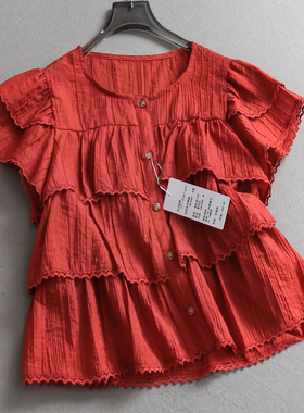 纯色蕾丝边层叠蛋糕小衫圆领2025夏季新款减龄甜美短袖女衬衫C285