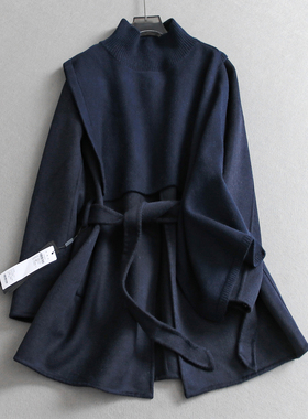 针织披肩两件套一粒扣中长款双面呢大衣长袖保暖女装毛呢外套Q060