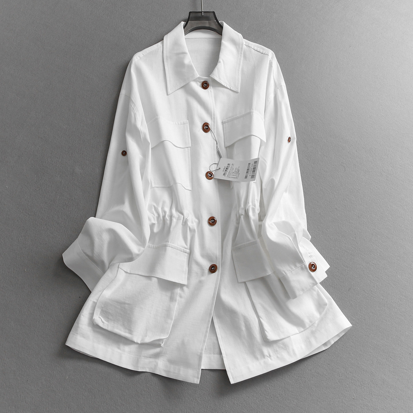 莱赛尔+亚麻混纺纯色抽绳收腰翻领中长款风衣长袖通勤女外套E065